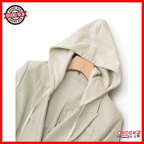 Women's Tweed Blazer Hooded Double-Breasted Oversized Work Jacket - Picture 6 of 8